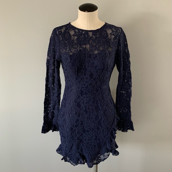 NWT Angel Biba Long Sleeve Floral Sheer Navy Dress
